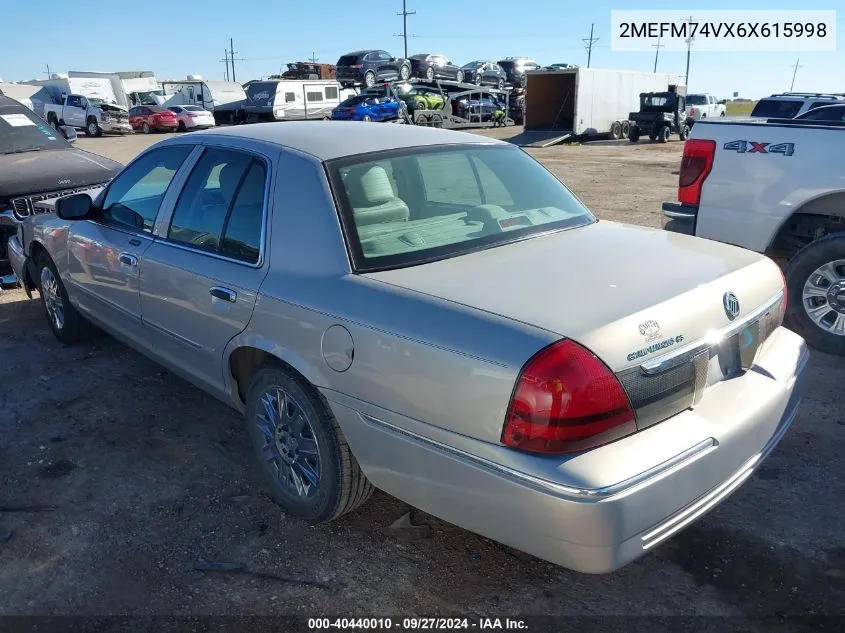 2006 Mercury Grand Marquis Gs VIN: 2MEFM74VX6X615998 Lot: 40440010