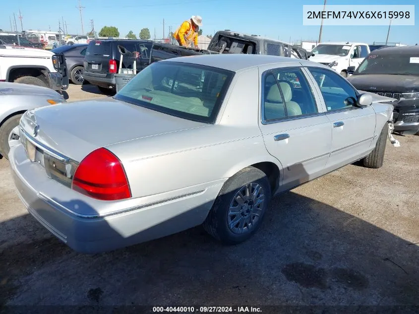 2006 Mercury Grand Marquis Gs VIN: 2MEFM74VX6X615998 Lot: 40440010