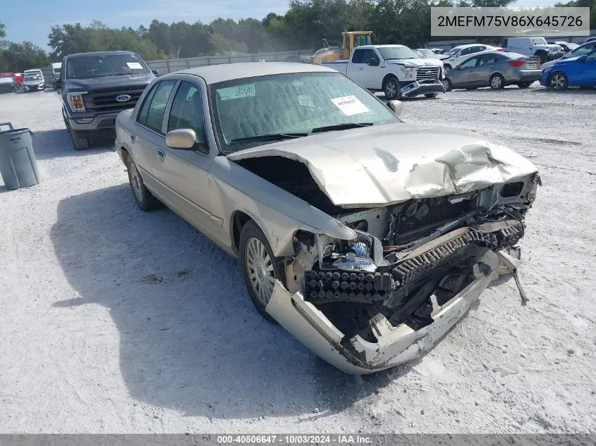 2006 Mercury Grand Marquis Ls VIN: 2MEFM75V86X645726 Lot: 40506647