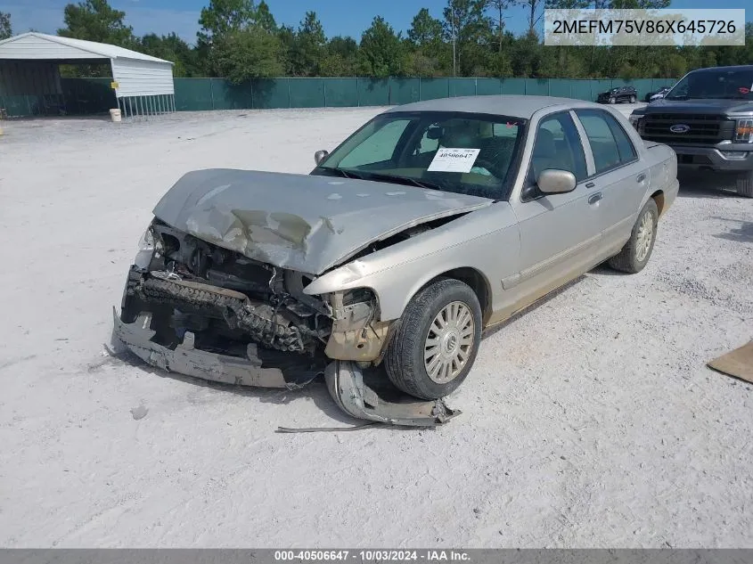 2006 Mercury Grand Marquis Ls VIN: 2MEFM75V86X645726 Lot: 40506647