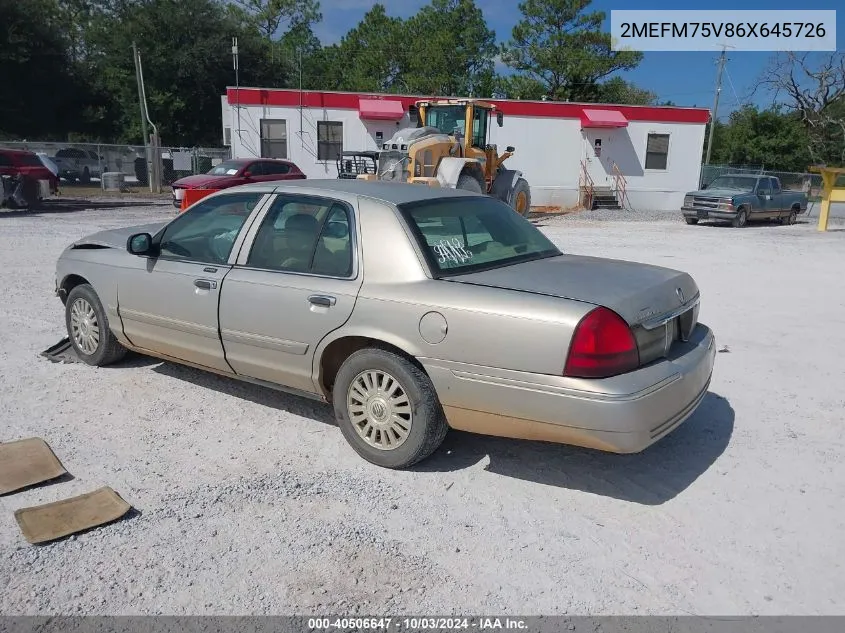 2006 Mercury Grand Marquis Ls VIN: 2MEFM75V86X645726 Lot: 40506647