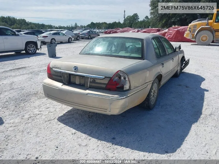 2006 Mercury Grand Marquis Ls VIN: 2MEFM75V86X645726 Lot: 40506647