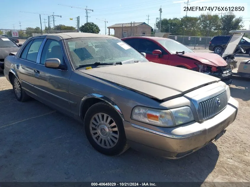 2006 Mercury Grand Marquis Gs VIN: 2MEFM74V76X612850 Lot: 40645029