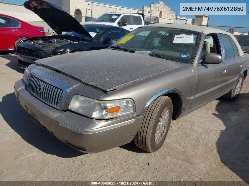 2006 Mercury Grand Marquis Gs VIN: 2MEFM74V76X612850 Lot: 40645029