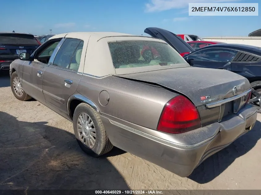 2006 Mercury Grand Marquis Gs VIN: 2MEFM74V76X612850 Lot: 40645029