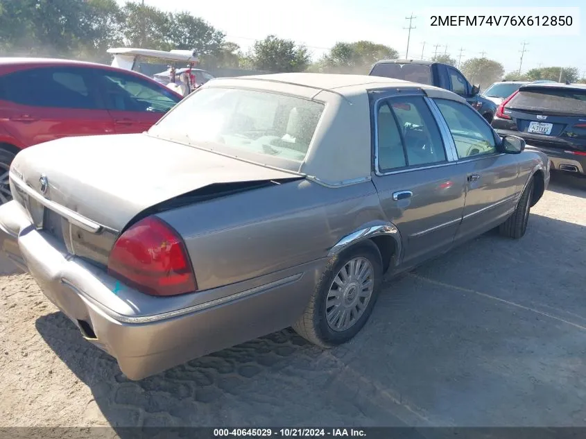 2006 Mercury Grand Marquis Gs VIN: 2MEFM74V76X612850 Lot: 40645029