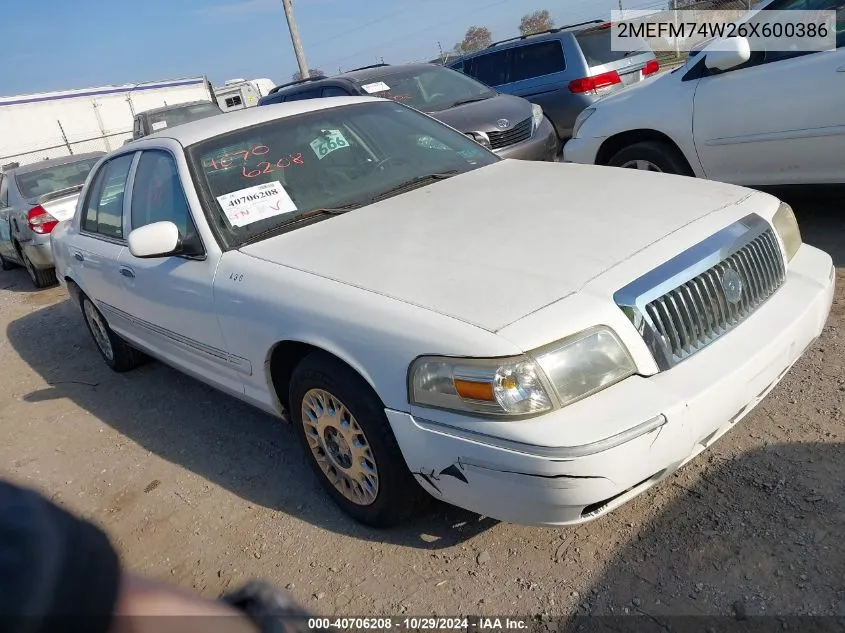 2006 Mercury Grand Marquis Gs VIN: 2MEFM74W26X600386 Lot: 40706208