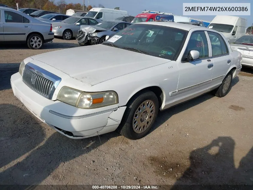 2006 Mercury Grand Marquis Gs VIN: 2MEFM74W26X600386 Lot: 40706208