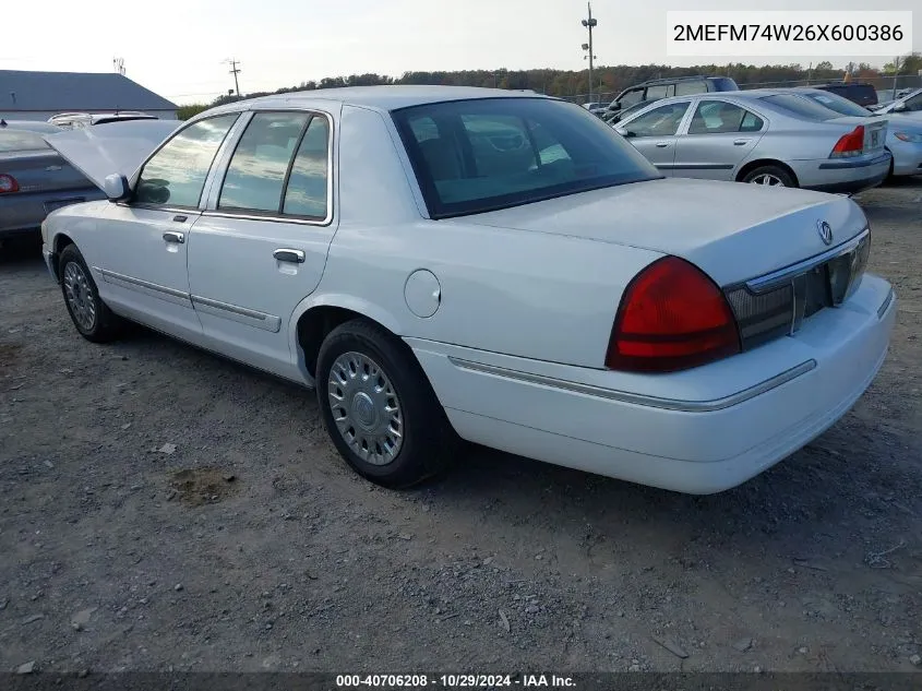 2006 Mercury Grand Marquis Gs VIN: 2MEFM74W26X600386 Lot: 40706208