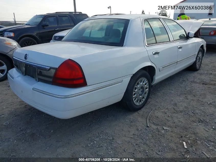 2006 Mercury Grand Marquis Gs VIN: 2MEFM74W26X600386 Lot: 40706208