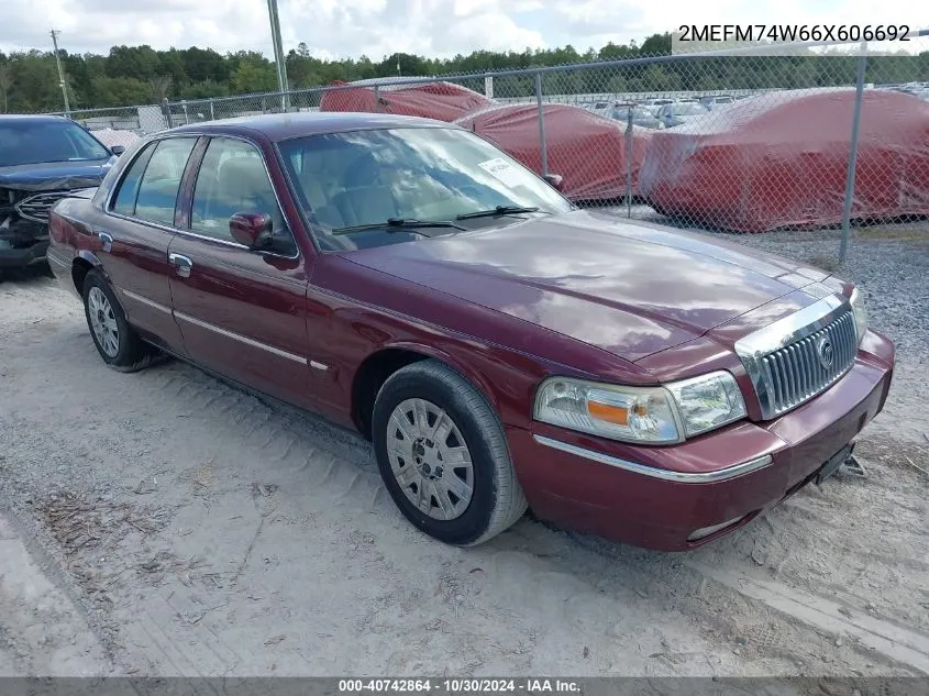 2006 Mercury Grand Marquis Gs VIN: 2MEFM74W66X606692 Lot: 40742864