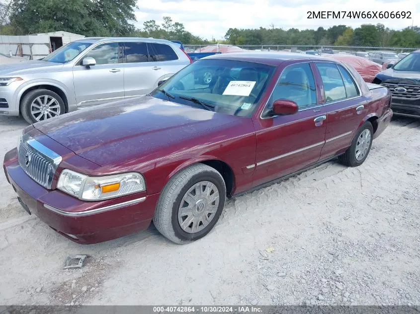 2006 Mercury Grand Marquis Gs VIN: 2MEFM74W66X606692 Lot: 40742864