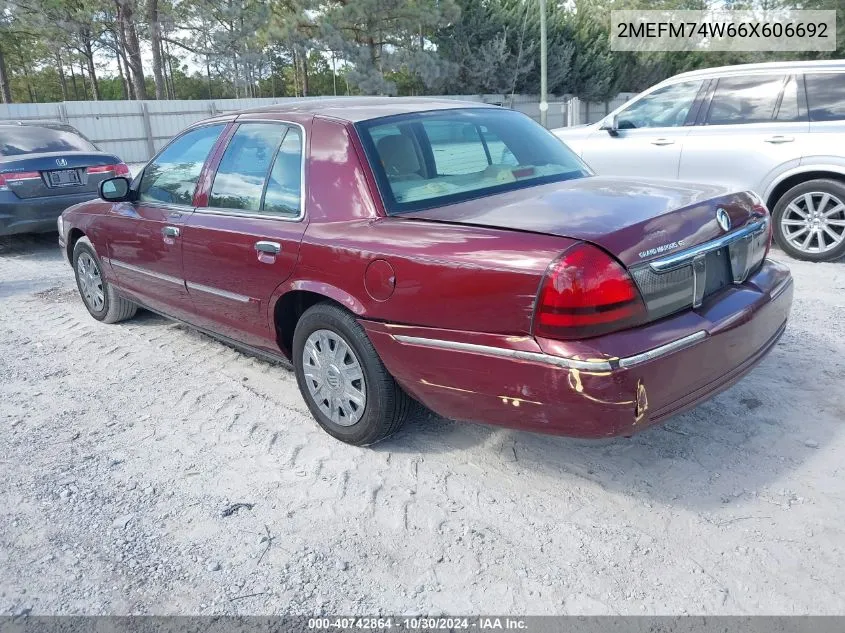 2006 Mercury Grand Marquis Gs VIN: 2MEFM74W66X606692 Lot: 40742864