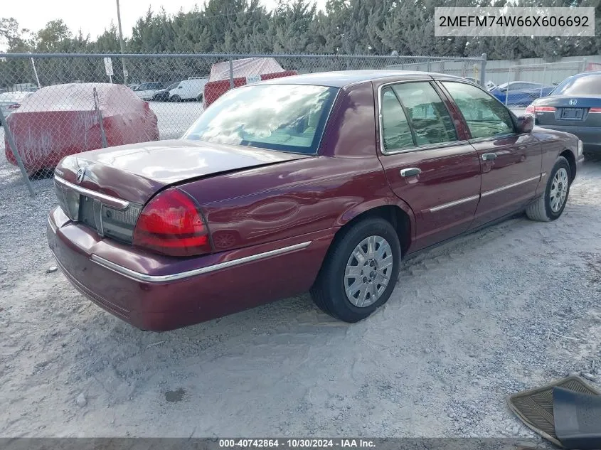 2006 Mercury Grand Marquis Gs VIN: 2MEFM74W66X606692 Lot: 40742864