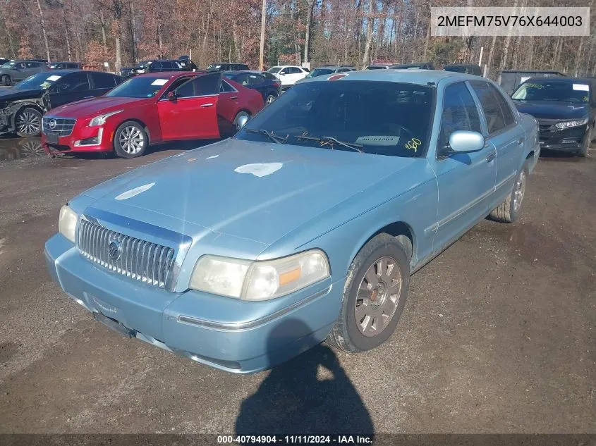 2006 Mercury Grand Marquis Ls VIN: 2MEFM75V76X644003 Lot: 40794904