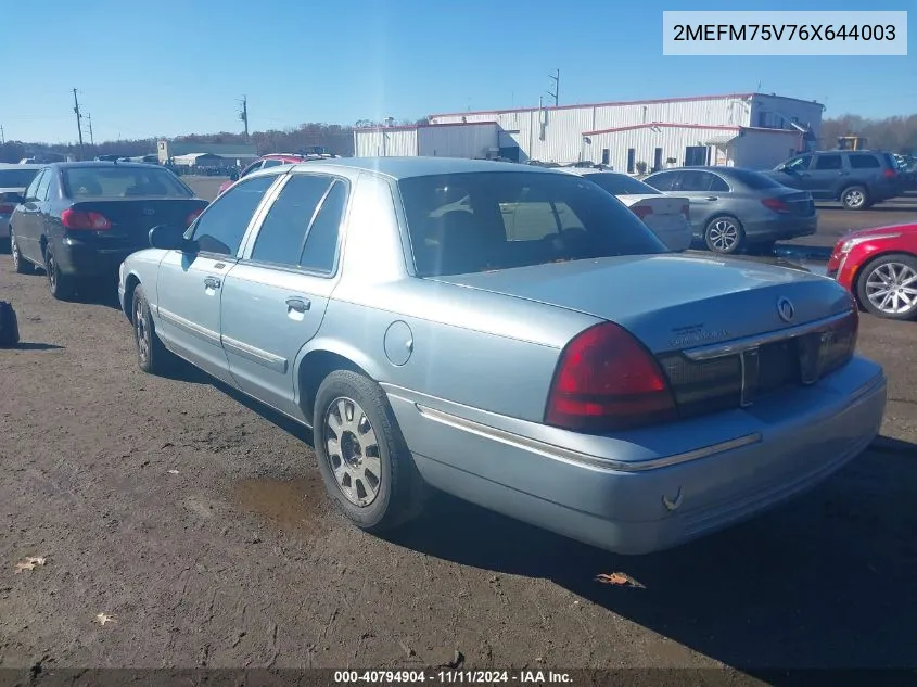 2006 Mercury Grand Marquis Ls VIN: 2MEFM75V76X644003 Lot: 40794904