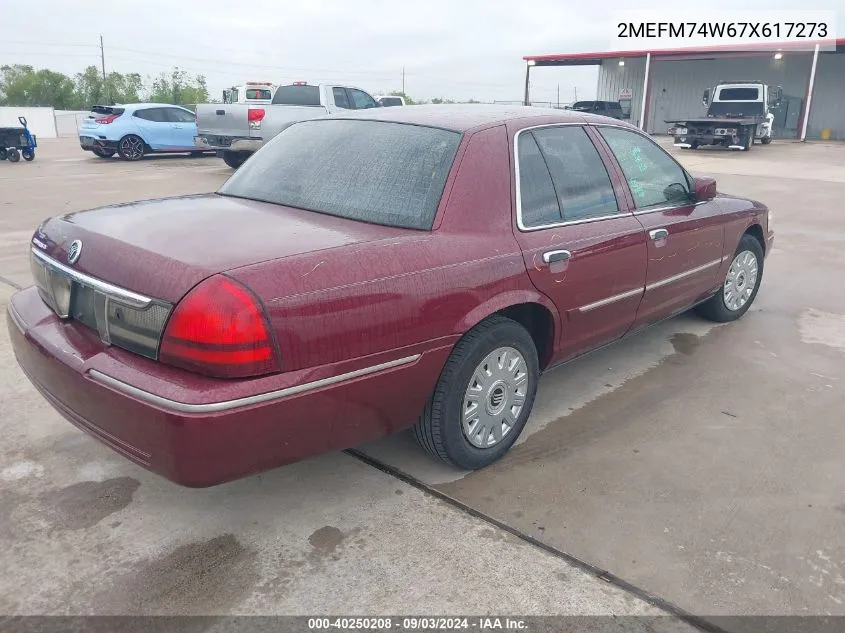 2007 Mercury Grand Marquis Gs VIN: 2MEFM74W67X617273 Lot: 40250208