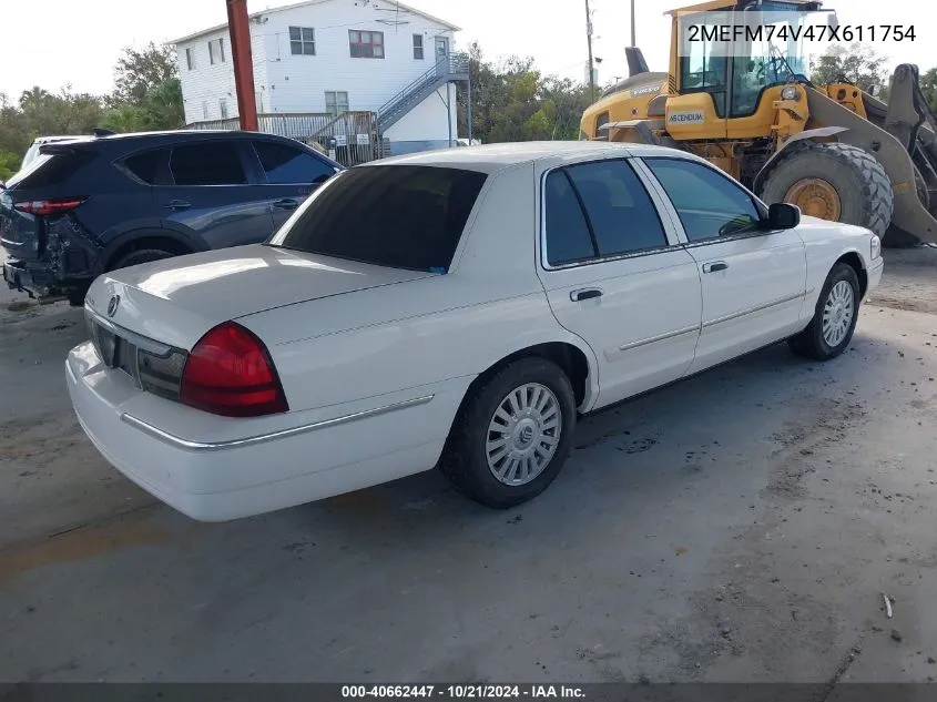 2007 Mercury Grand Marquis Gs VIN: 2MEFM74V47X611754 Lot: 40662447