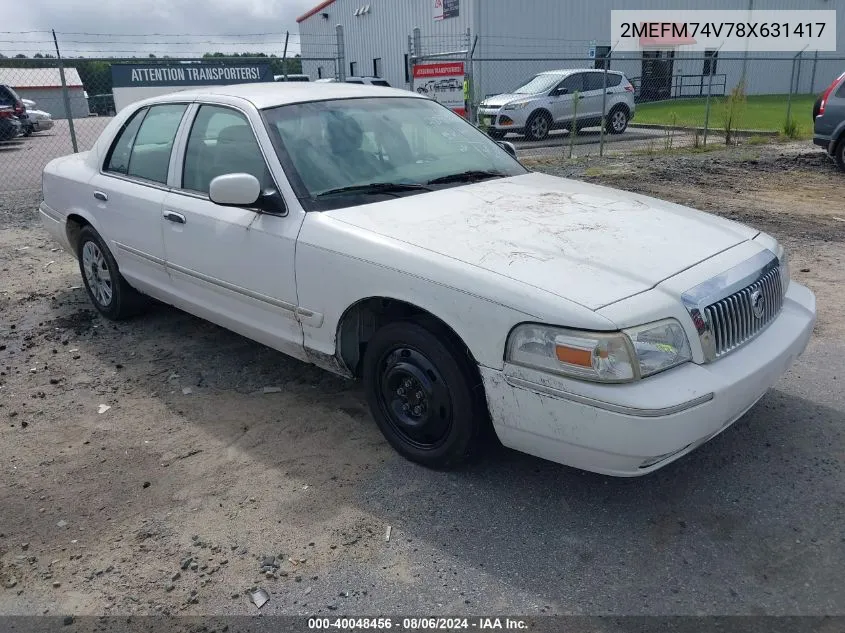 2008 Mercury Grand Marquis Gs VIN: 2MEFM74V78X631417 Lot: 40048456