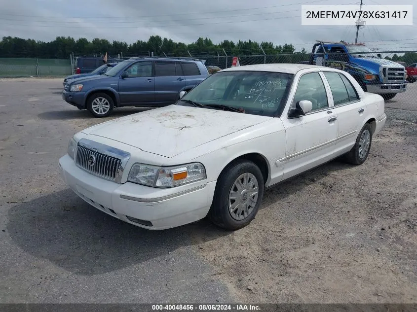 2008 Mercury Grand Marquis Gs VIN: 2MEFM74V78X631417 Lot: 40048456