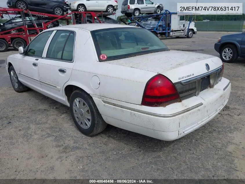 2008 Mercury Grand Marquis Gs VIN: 2MEFM74V78X631417 Lot: 40048456