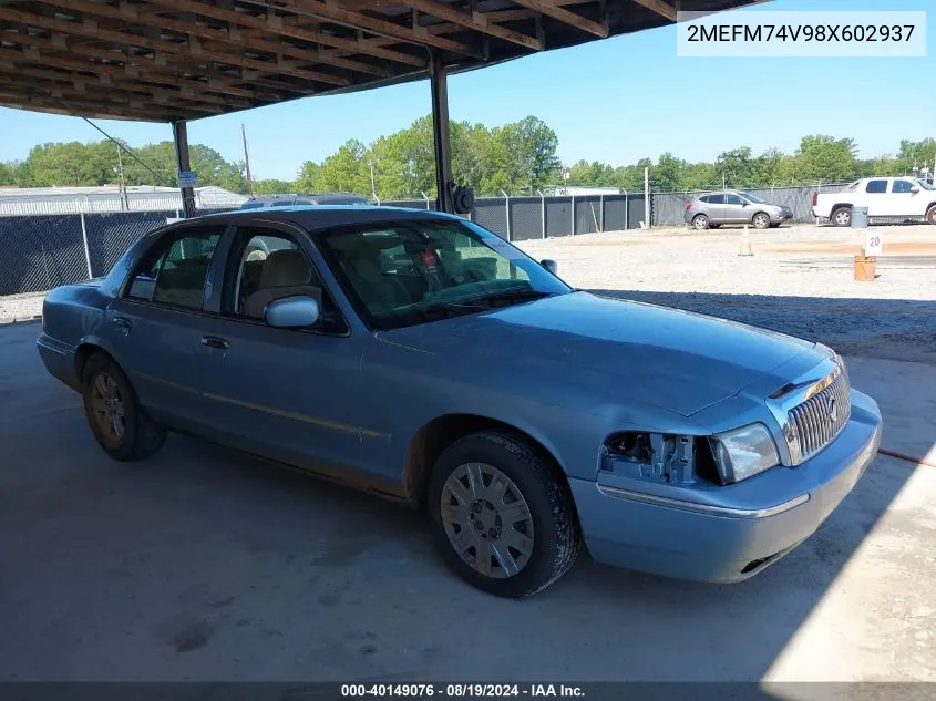 2008 Mercury Grand Marquis Gs VIN: 2MEFM74V98X602937 Lot: 40149076