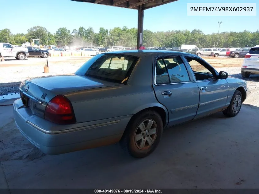 2008 Mercury Grand Marquis Gs VIN: 2MEFM74V98X602937 Lot: 40149076