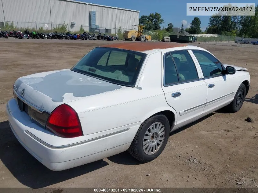 2008 Mercury Grand Marquis Ls VIN: 2MEFM75VX8X624847 Lot: 40313251