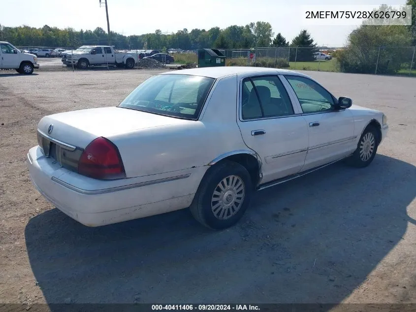 2008 Mercury Grand Marquis Ls VIN: 2MEFM75V28X626799 Lot: 40411406