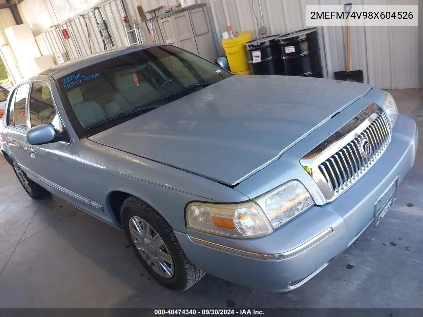 2008 Mercury Grand Marquis Gs VIN: 2MEFM74V98X604526 Lot: 40474340