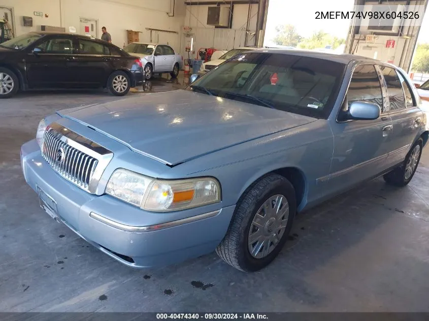 2008 Mercury Grand Marquis Gs VIN: 2MEFM74V98X604526 Lot: 40474340