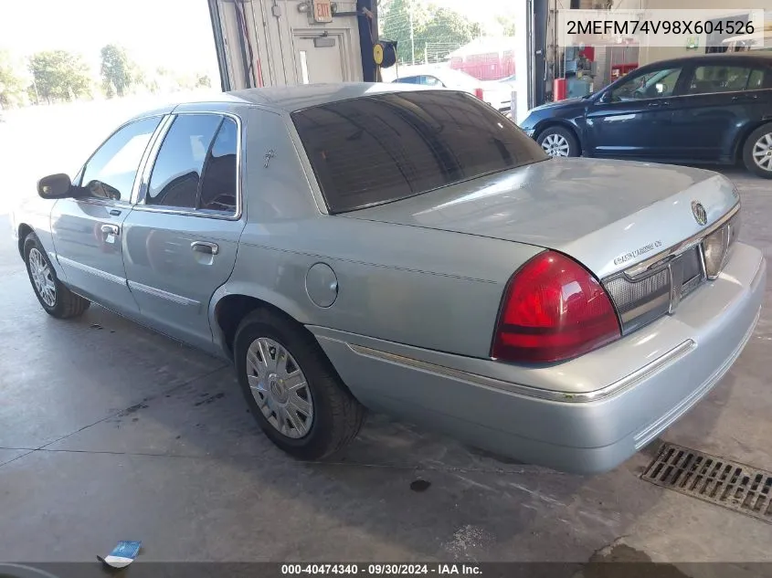 2008 Mercury Grand Marquis Gs VIN: 2MEFM74V98X604526 Lot: 40474340