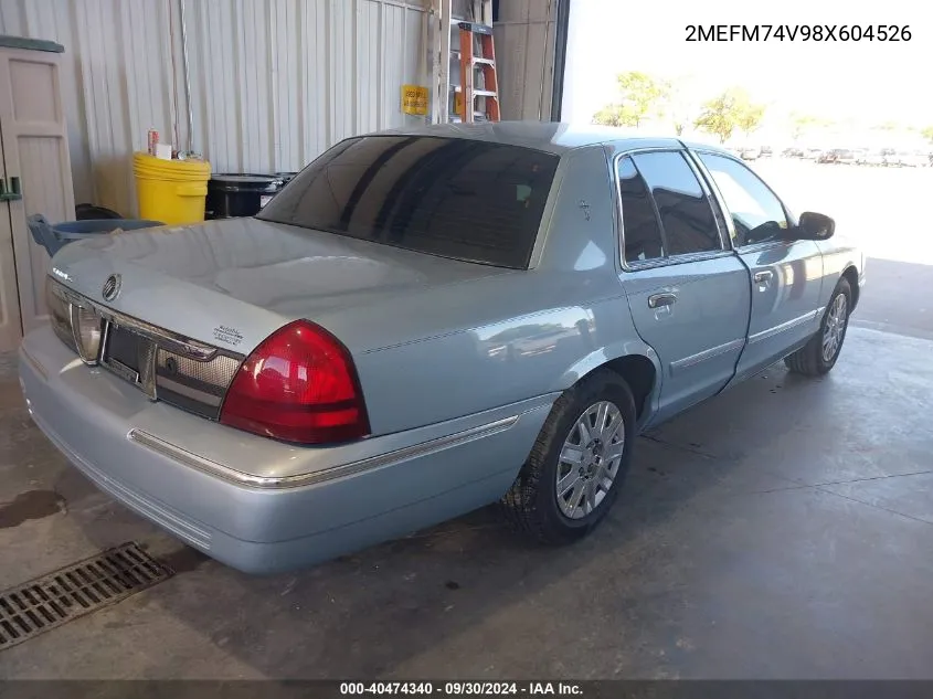 2008 Mercury Grand Marquis Gs VIN: 2MEFM74V98X604526 Lot: 40474340