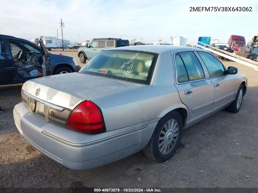 2008 Mercury Grand Marquis Ls VIN: 2MEFM75V38X643062 Lot: 40673579