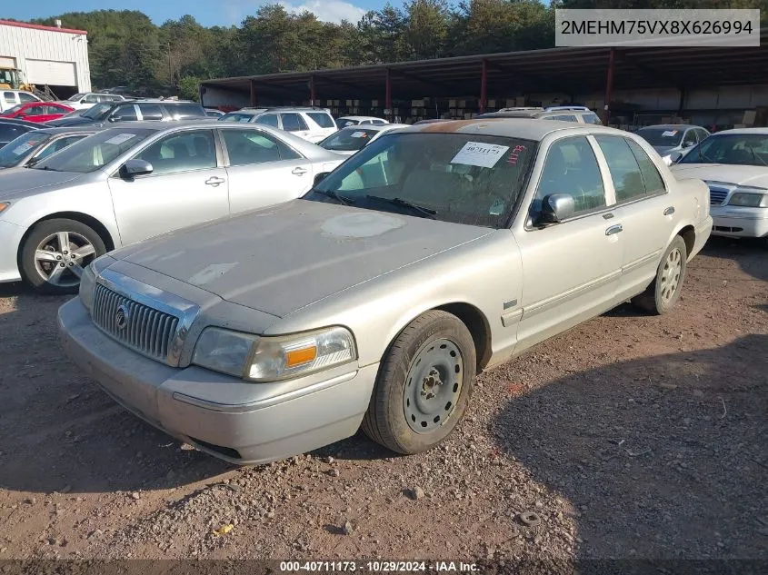 2008 Mercury Grand Marquis Ls VIN: 2MEHM75VX8X626994 Lot: 40711173