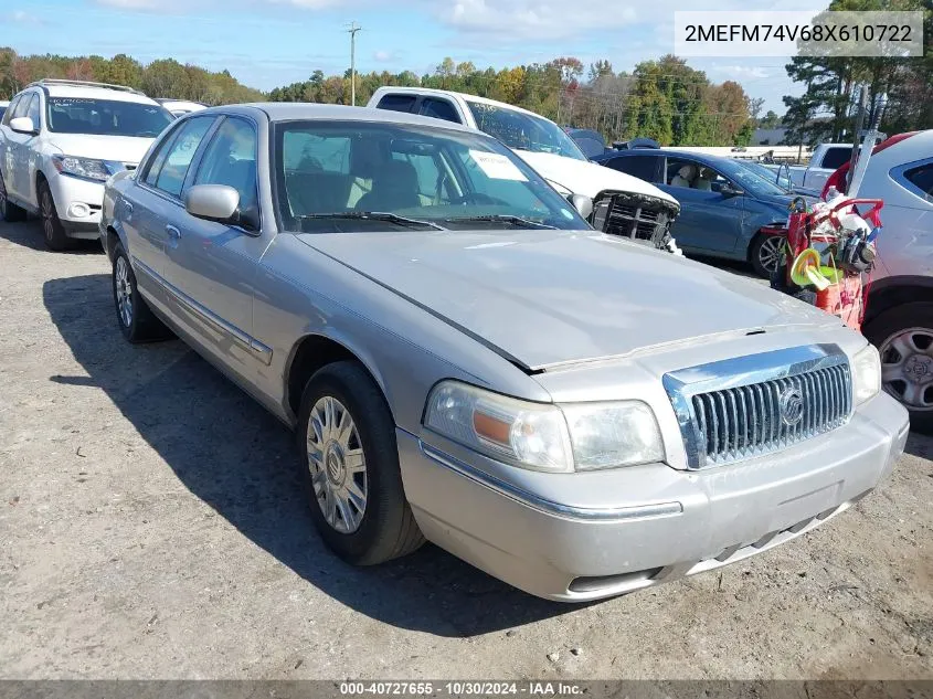 2008 Mercury Grand Marquis Gs VIN: 2MEFM74V68X610722 Lot: 40727655