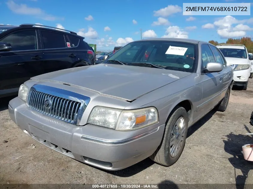 2008 Mercury Grand Marquis Gs VIN: 2MEFM74V68X610722 Lot: 40727655