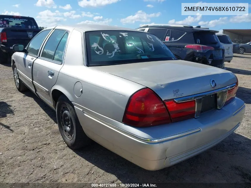 2008 Mercury Grand Marquis Gs VIN: 2MEFM74V68X610722 Lot: 40727655