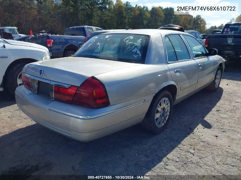 2008 Mercury Grand Marquis Gs VIN: 2MEFM74V68X610722 Lot: 40727655