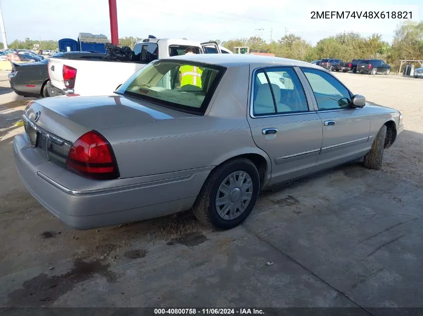 2008 Mercury Grand Marquis Gs VIN: 2MEFM74V48X618821 Lot: 40800758