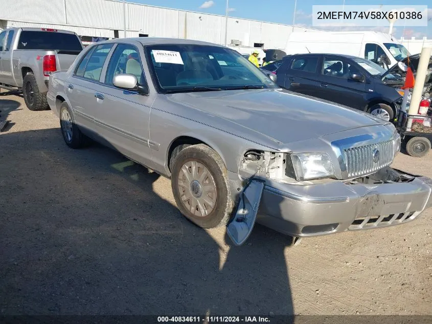 2008 Mercury Grand Marquis Gs VIN: 2MEFM74V58X610386 Lot: 40834611