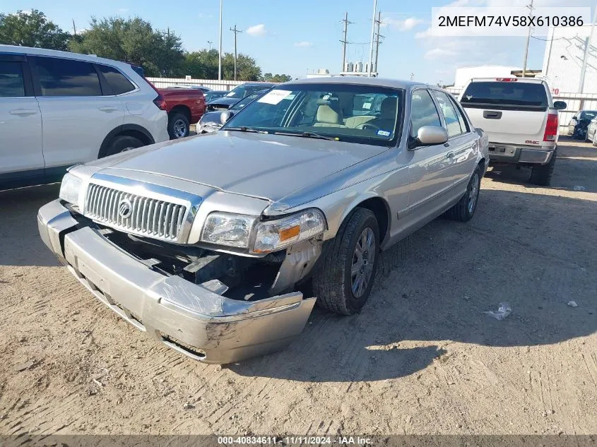 2008 Mercury Grand Marquis Gs VIN: 2MEFM74V58X610386 Lot: 40834611