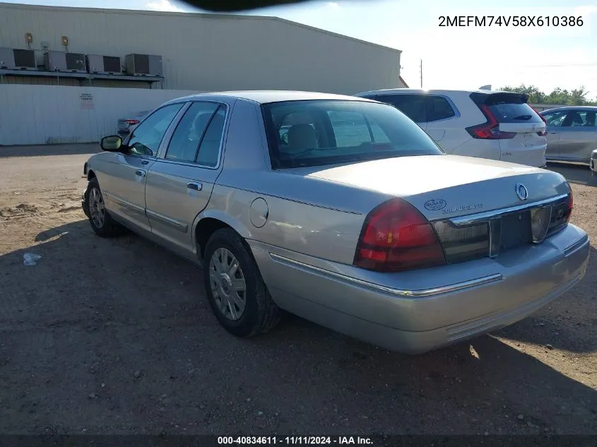 2008 Mercury Grand Marquis Gs VIN: 2MEFM74V58X610386 Lot: 40834611