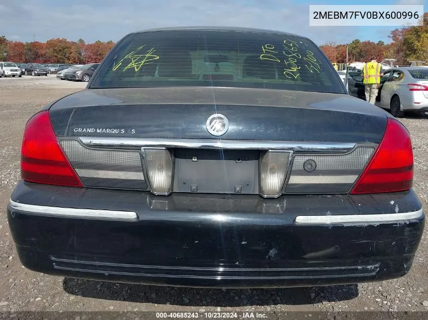 2011 Mercury Grand Marquis Ls (Fleet Only) VIN: 2MEBM7FV0BX600996 Lot: 40685243