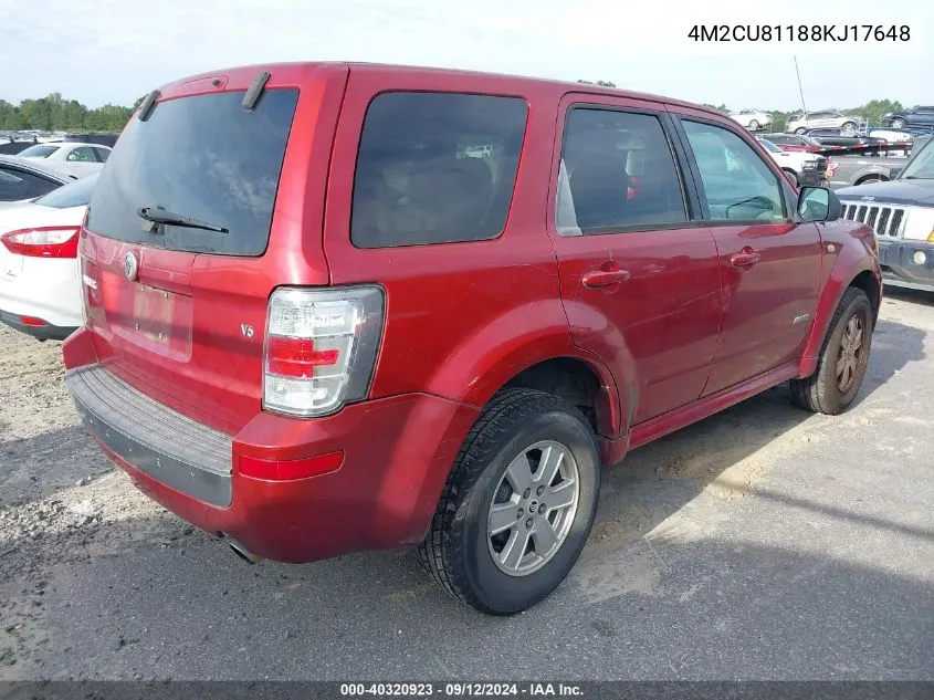 2008 Mercury Mariner V6 VIN: 4M2CU81188KJ17648 Lot: 40320923