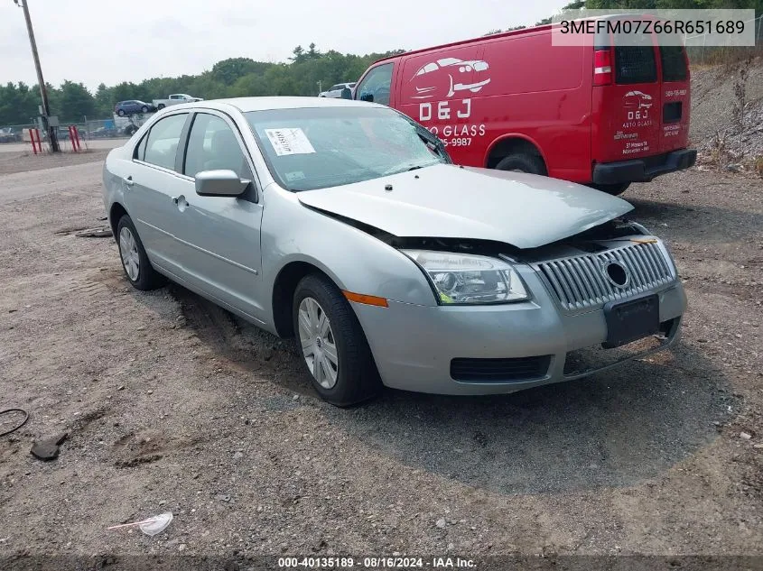 2006 Mercury Milan I4 VIN: 3MEFM07Z66R651689 Lot: 40135189