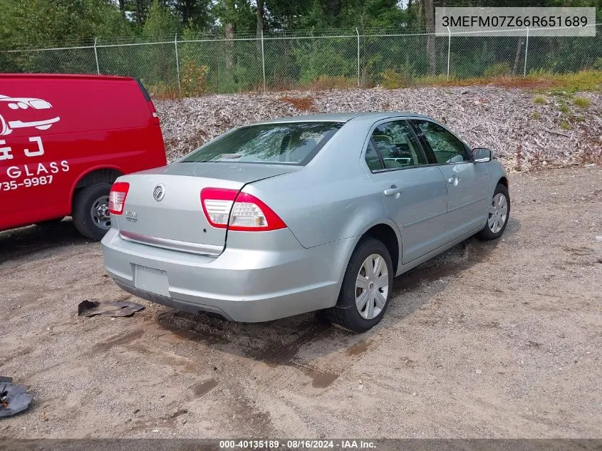 2006 Mercury Milan I4 VIN: 3MEFM07Z66R651689 Lot: 40135189