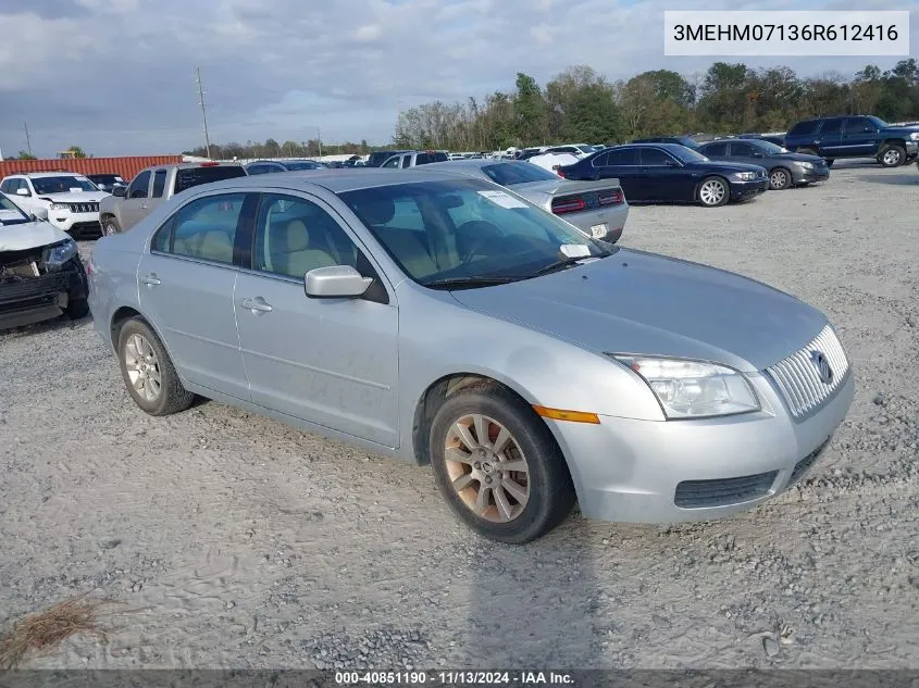 2006 Mercury Milan V6 VIN: 3MEHM07136R612416 Lot: 40851190