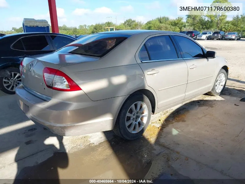 2007 Mercury Milan V6 VIN: 3MEHM07117R600380 Lot: 40465664