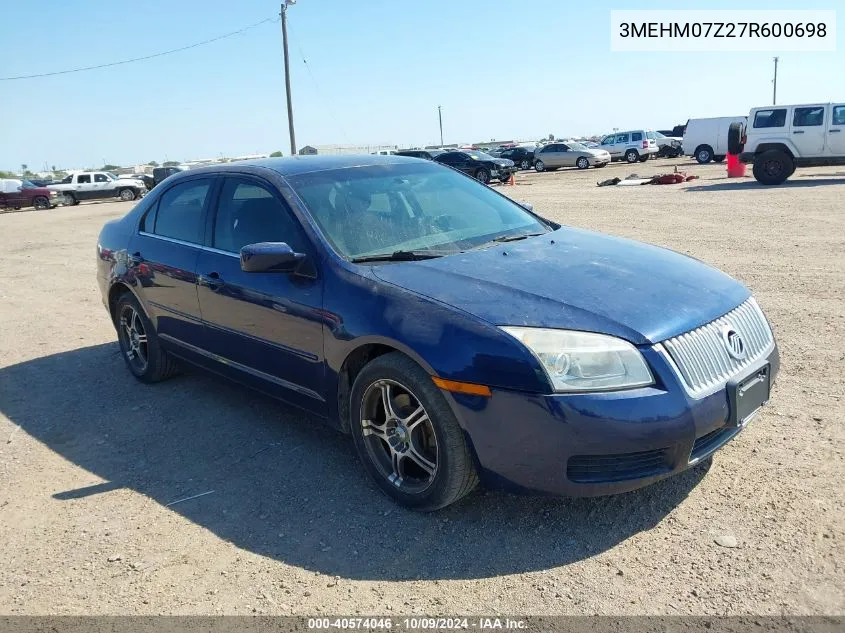 2007 Mercury Milan I4 VIN: 3MEHM07Z27R600698 Lot: 40574046